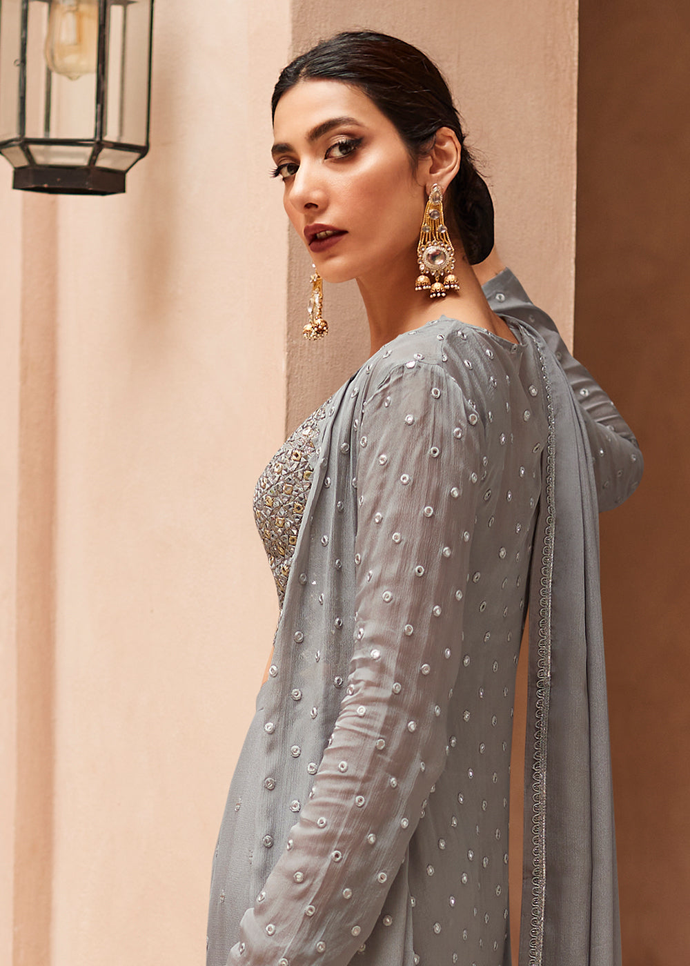 Buy Now Incredible Grey Jacket Style Gharara Style Palazzo Suit Online in USA, UK, Canada & Worldwide at Empress Clothing. 