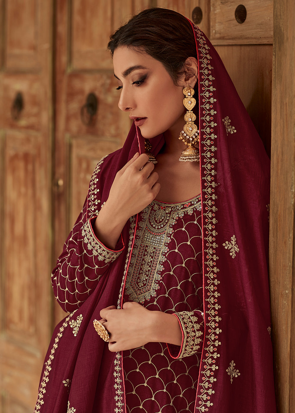 Buy Now Premium Silk Maroon & Gold Embroidered Indian Salwar Kameez Online in USA, UK, Canada & Worldwide at Empress Clothing. 