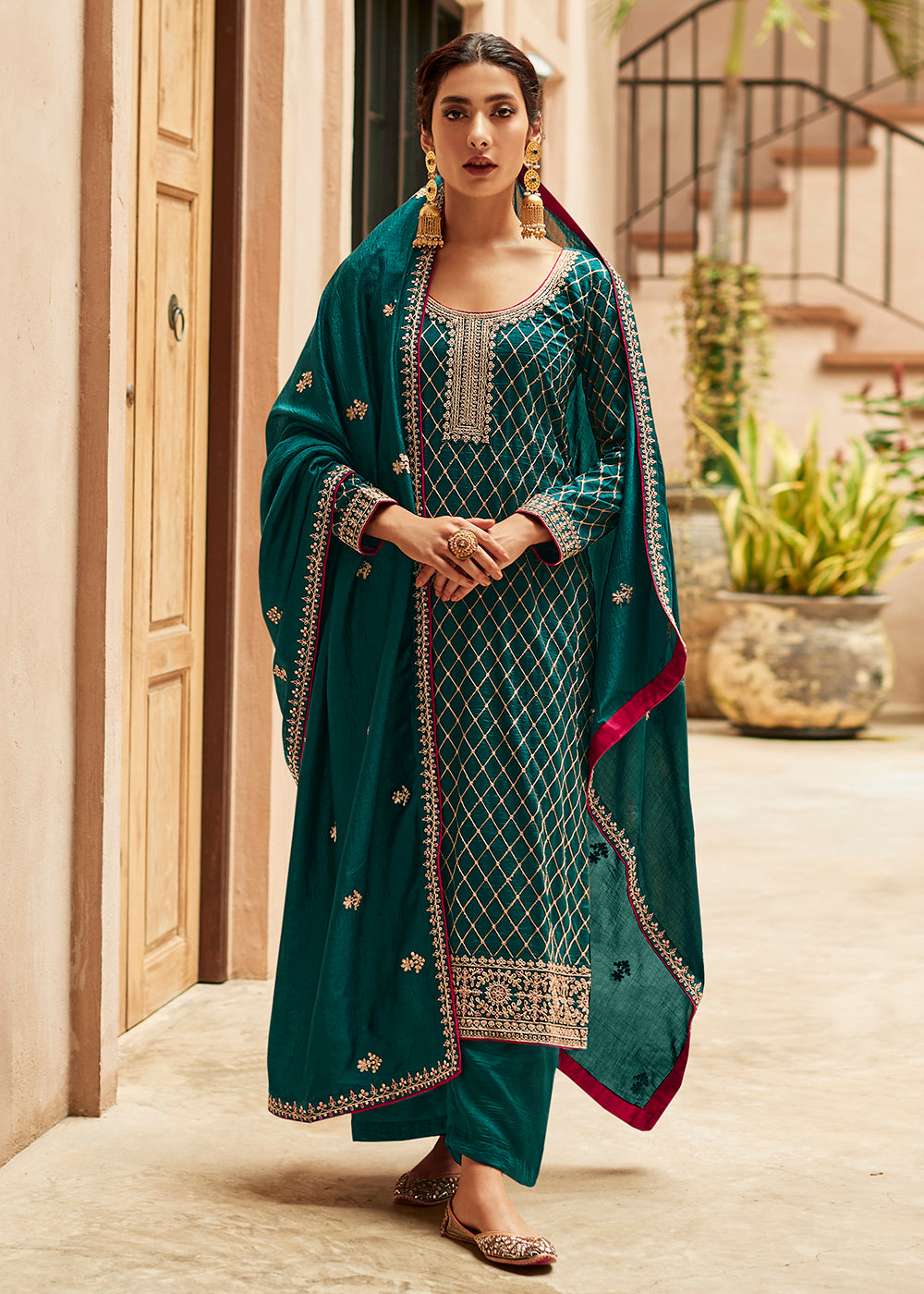 Buy Now Premium Silk Teal & Gold Embroidered Indian Salwar Kameez Online in USA, UK, Canada & Worldwide at Empress Clothing.