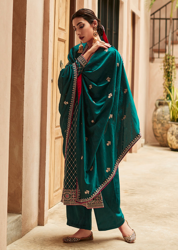 Buy Now Premium Silk Teal & Gold Embroidered Indian Salwar Kameez Online in USA, UK, Canada & Worldwide at Empress Clothing.