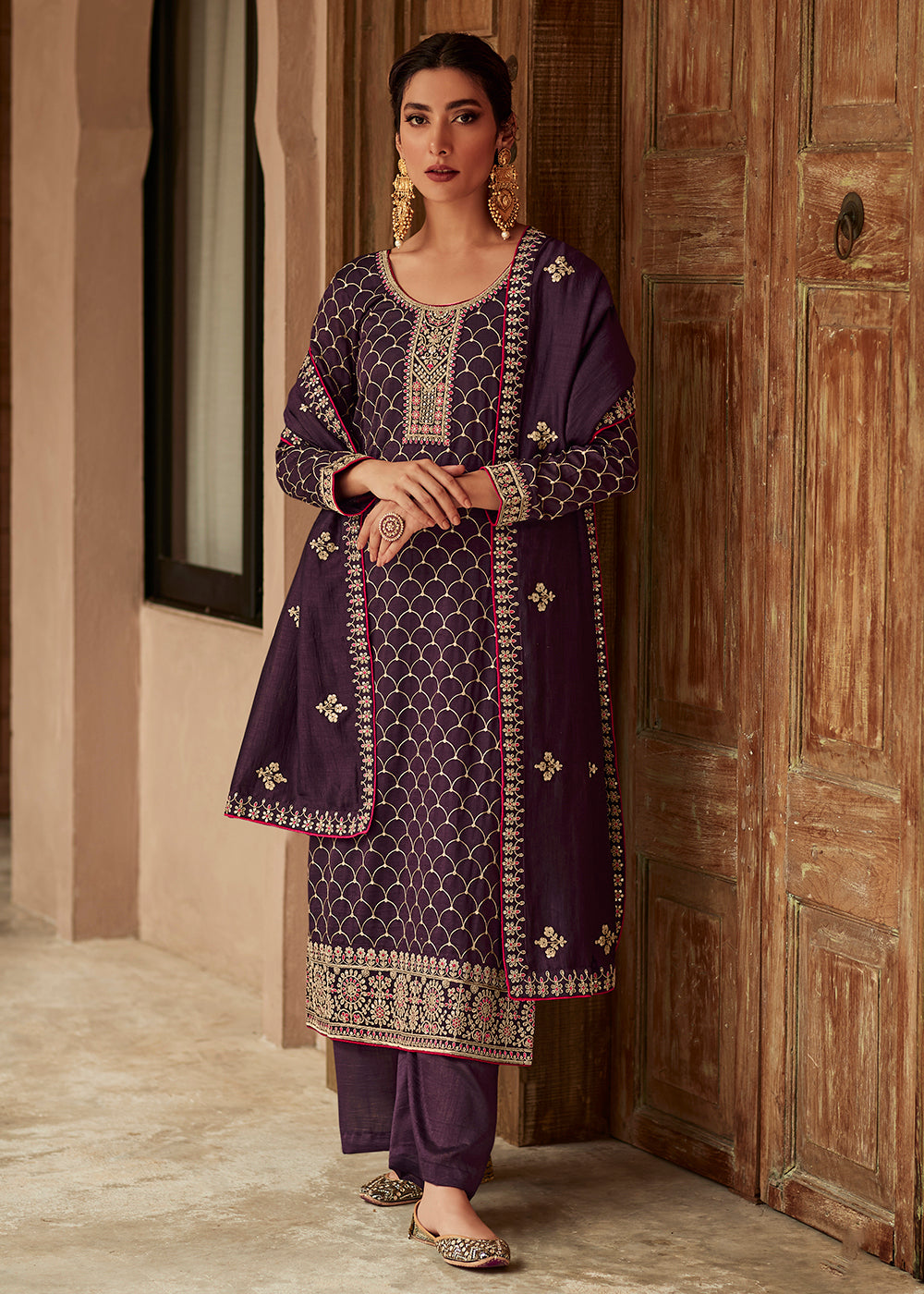 Buy Now Premium Silk Purple & Gold Embroidered Indian Salwar Kameez Online in USA, UK, Canada & Worldwide at Empress Clothing. 