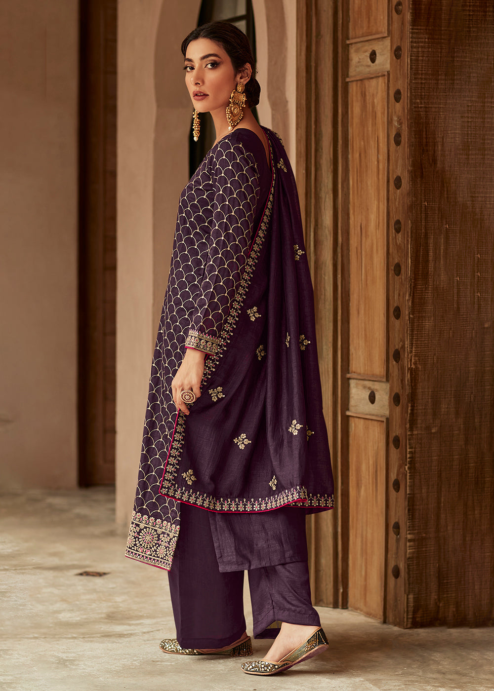 Buy Now Premium Silk Purple & Gold Embroidered Indian Salwar Kameez Online in USA, UK, Canada & Worldwide at Empress Clothing. 