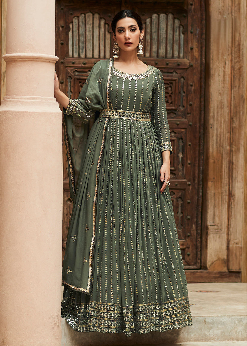 Buy Wedding Anarkali - Premium Georgette Olive Green Anarkali Dress Empress Clothing Buy Wedding Anarkali - Premium Georgette Olive Green Anarkali Dress Empress Clothing