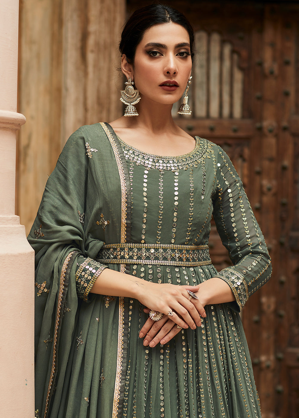 Buy Wedding Anarkali - Premium Georgette Olive Green Anarkali Dress Empress Clothing Buy Wedding Anarkali - Premium Georgette Olive Green Anarkali Dress Empress Clothing