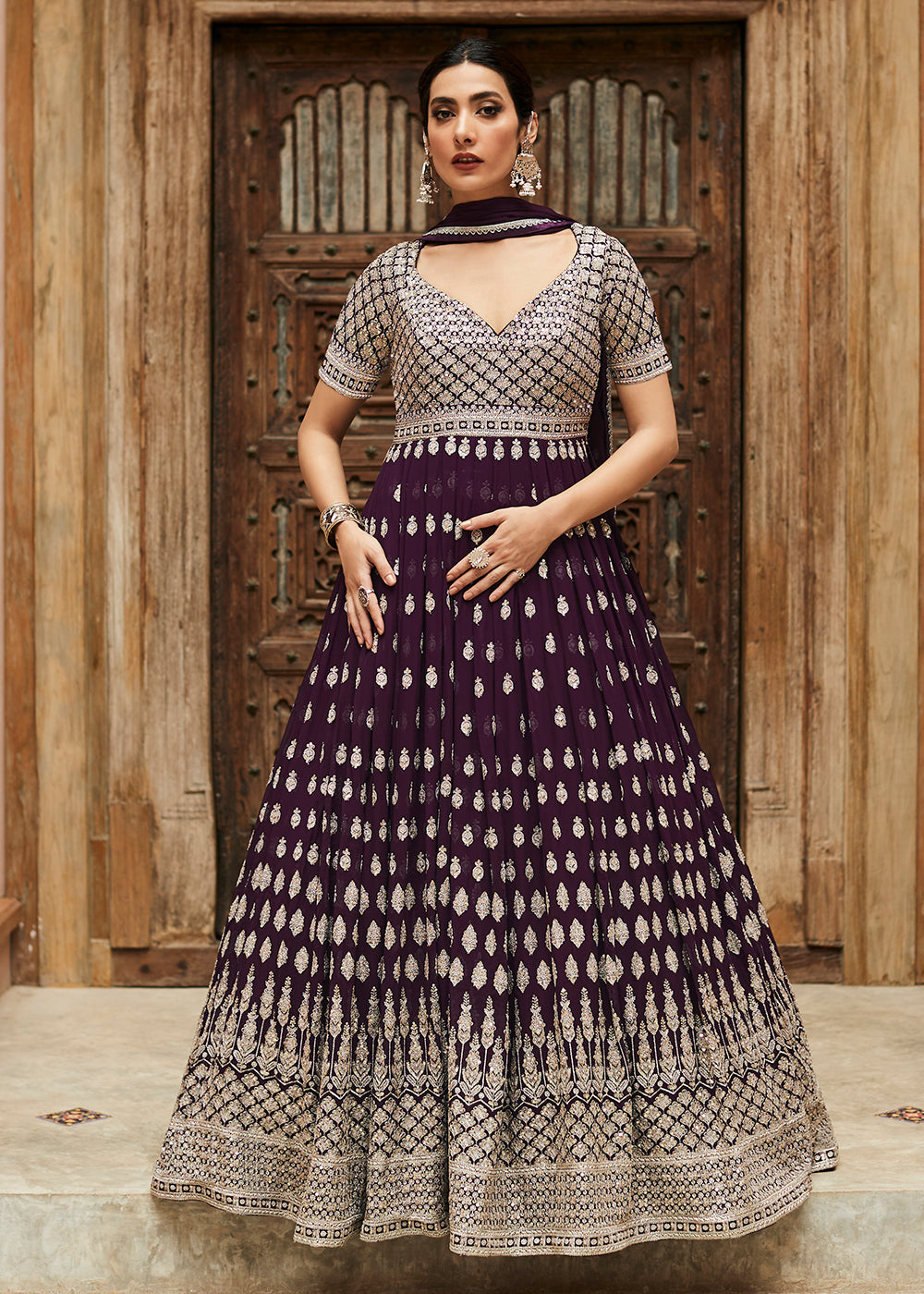Buy Now Premium Georgette Plum Purple Embellished Anarkali Dress Online in USA, UK, Australia, New Zealand, Canada & Worldwide at Empress Clothing.