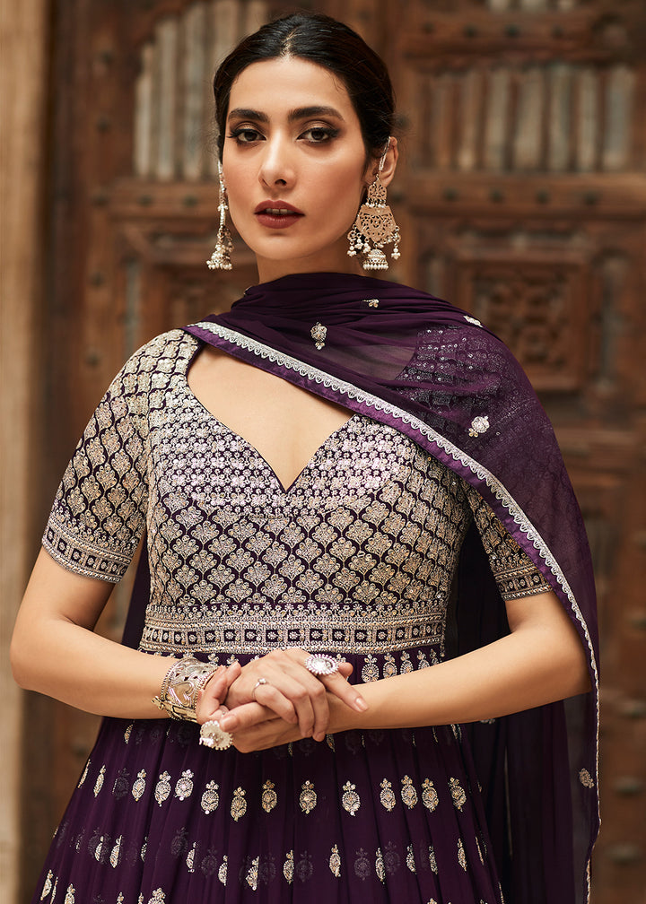 Buy Now Premium Georgette Plum Purple Embellished Anarkali Dress Online in USA, UK, Australia, New Zealand, Canada & Worldwide at Empress Clothing.