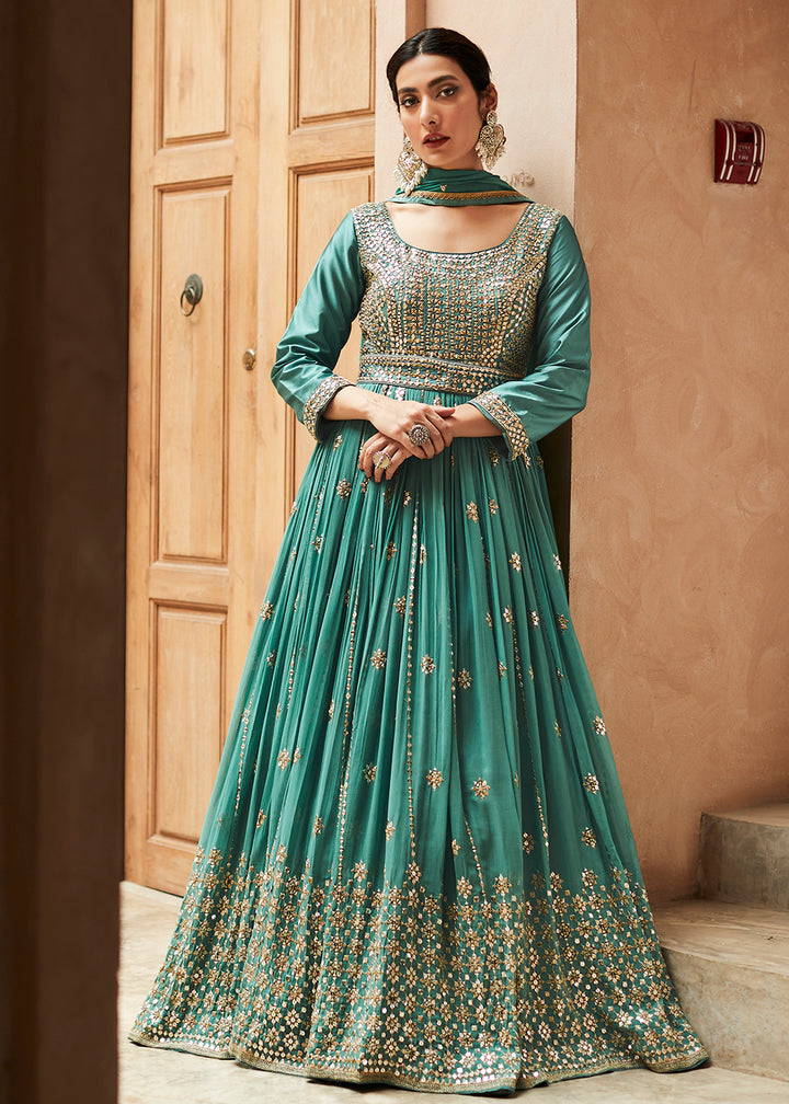 Buy Now Premium Georgette Aqua Green Embellished Anarkali Dress Online in USA, UK, Australia, New Zealand, Canada & Worldwide at Empress Clothing.