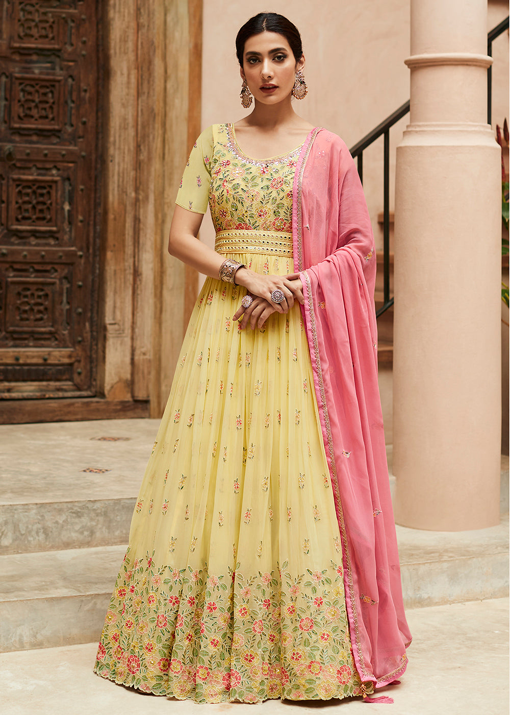 Buy Now Premium Georgette Light Yellow Embellished Anarkali Dress Online in USA, UK, Australia, New Zealand, Canada & Worldwide at Empress Clothing. 