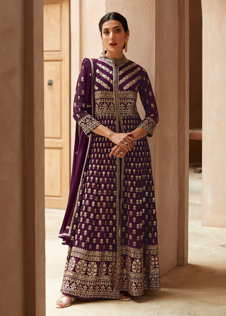 Buy Now Plum Purple Anarkali Style Front Slit Palazzo Style Suit Online in USA, UK, Canada & Worldwide at Empress Clothing.