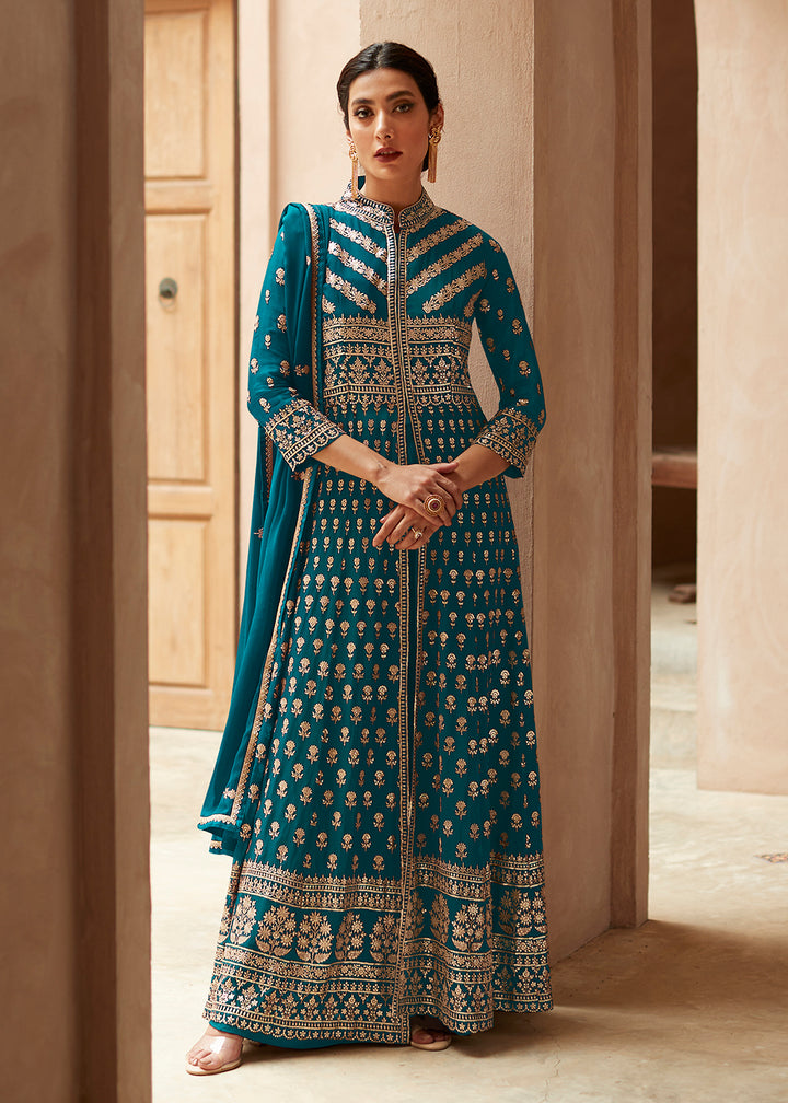 Buy Now Teal Blue Anarkali Style Front Slit Palazzo Style Suit Online in USA, UK, Canada & Worldwide at Empress Clothing. 