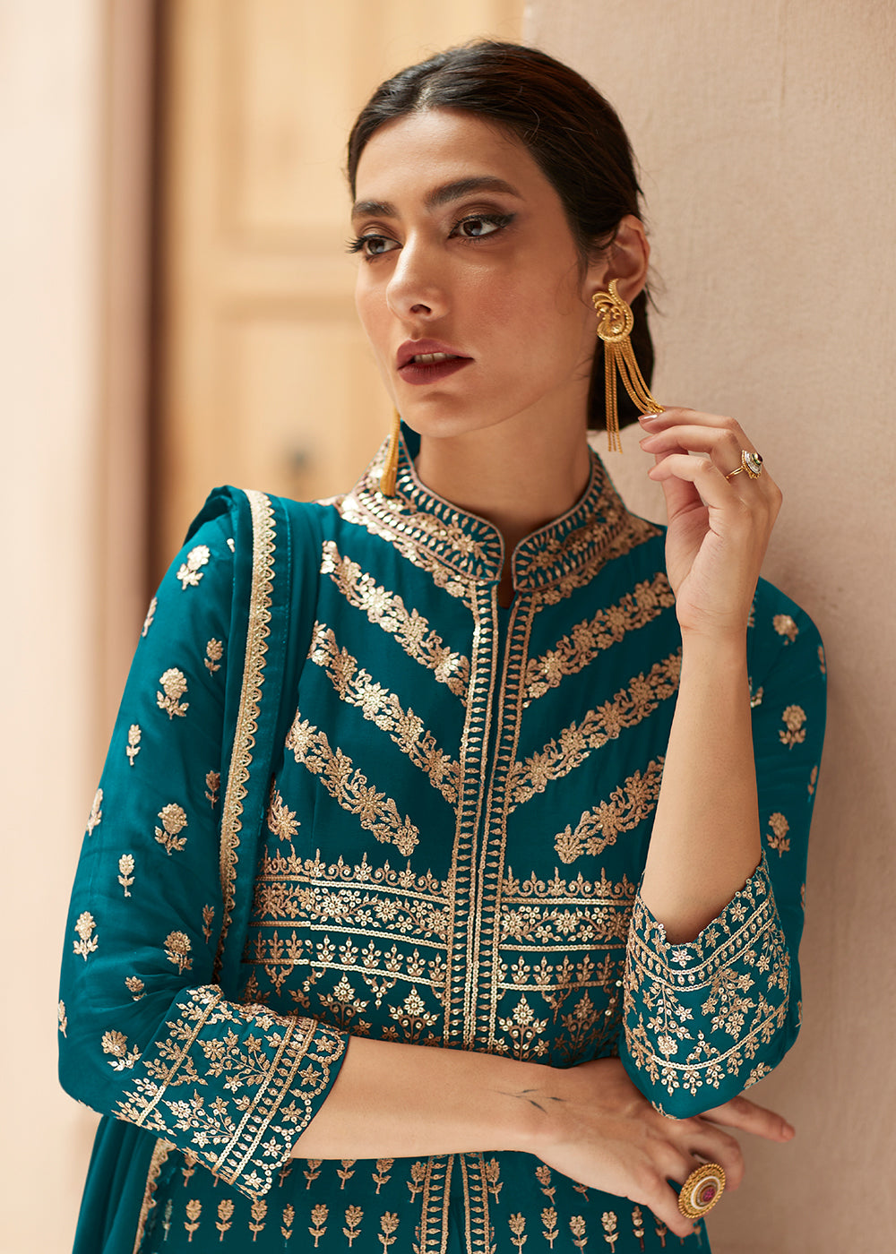 Buy Now Teal Blue Anarkali Style Front Slit Palazzo Style Suit Online in USA, UK, Canada & Worldwide at Empress Clothing. 