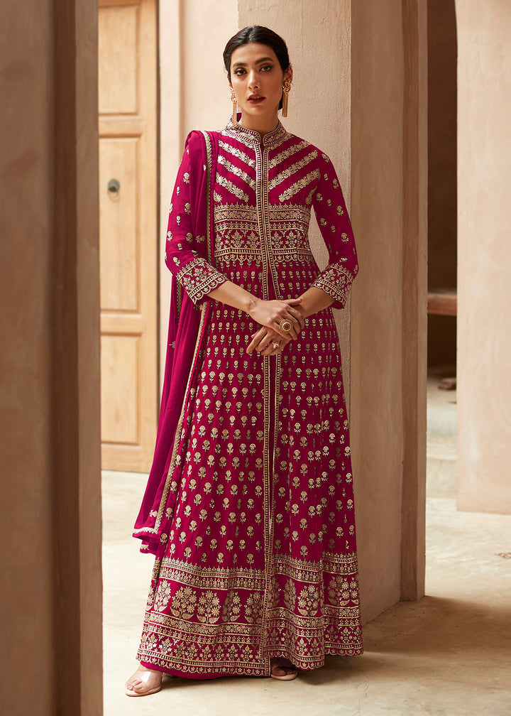 Buy Now Hot Pink Anarkali Style Front Slit Palazzo Style Suit Online in USA, UK, Canada & Worldwide at Empress Clothing. 