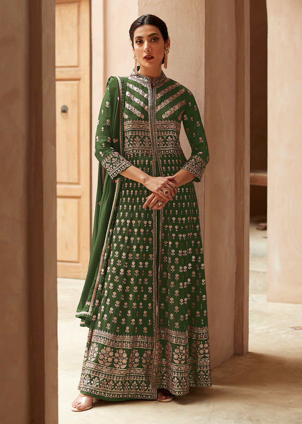 Buy Now Soft Green Anarkali Style Front Slit Palazzo Style Suit Online in USA, UK, Canada & Worldwide at Empress Clothing. 