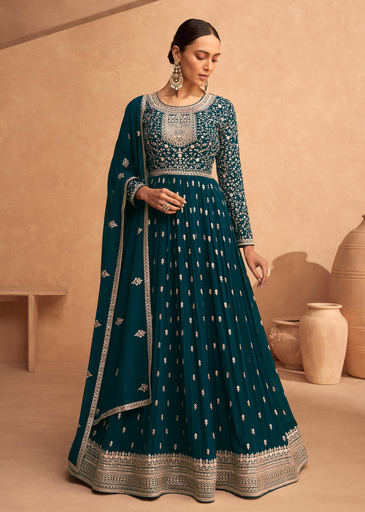 Buy Now Bewitching Turquoise Georgette Wedding Festive Anarkali Online in USA, UK, Australia, New Zealand, Canada & Worldwide at Empress Clothing.