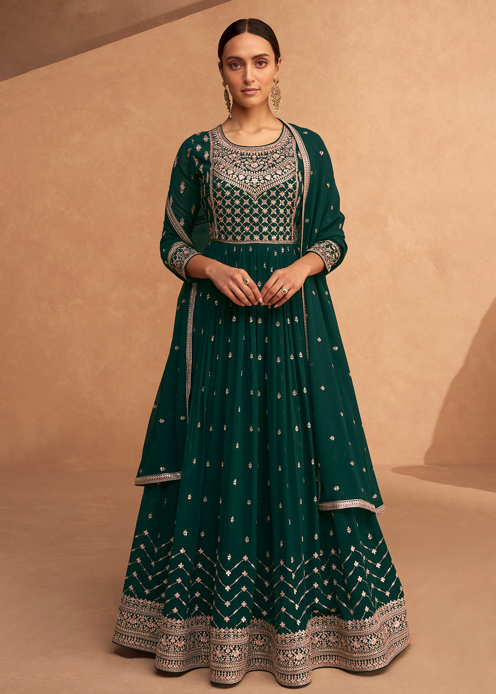 Buy Now Stunning Dark Green Georgette Wedding Festive Anarkali Online in USA, UK, Australia, New Zealand, Canada & Worldwide at Empress Clothing.