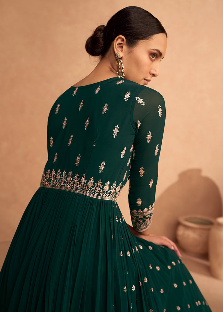Buy Now Stunning Dark Green Georgette Wedding Festive Anarkali Online in USA, UK, Australia, New Zealand, Canada & Worldwide at Empress Clothing.