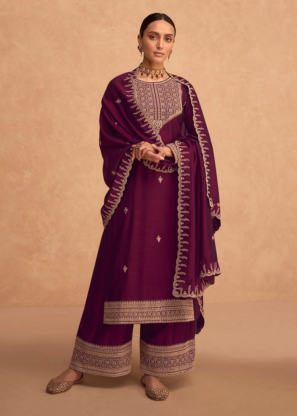 Buy Now Pretty Plum Wine Premium Silk Embroidered Indian Palazzo Salwar Suit Online in USA, UK, Canada, Germany & Worldwide at Empress Clothing. 