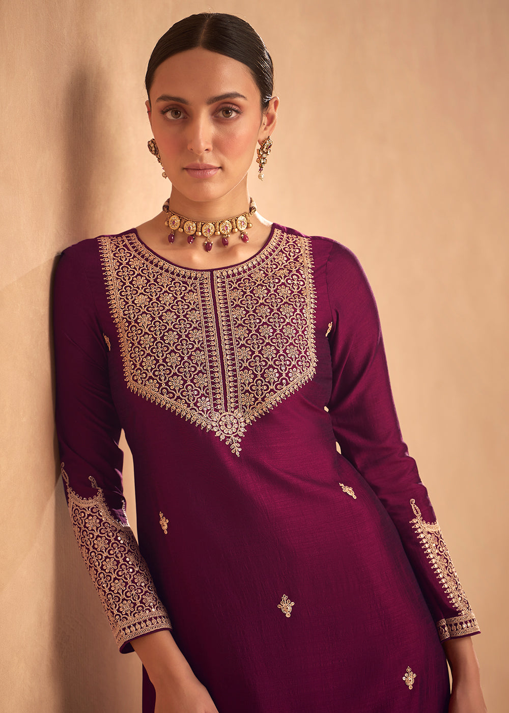 Buy Now Pretty Plum Wine Premium Silk Embroidered Indian Palazzo Salwar Suit Online in USA, UK, Canada, Germany & Worldwide at Empress Clothing. 