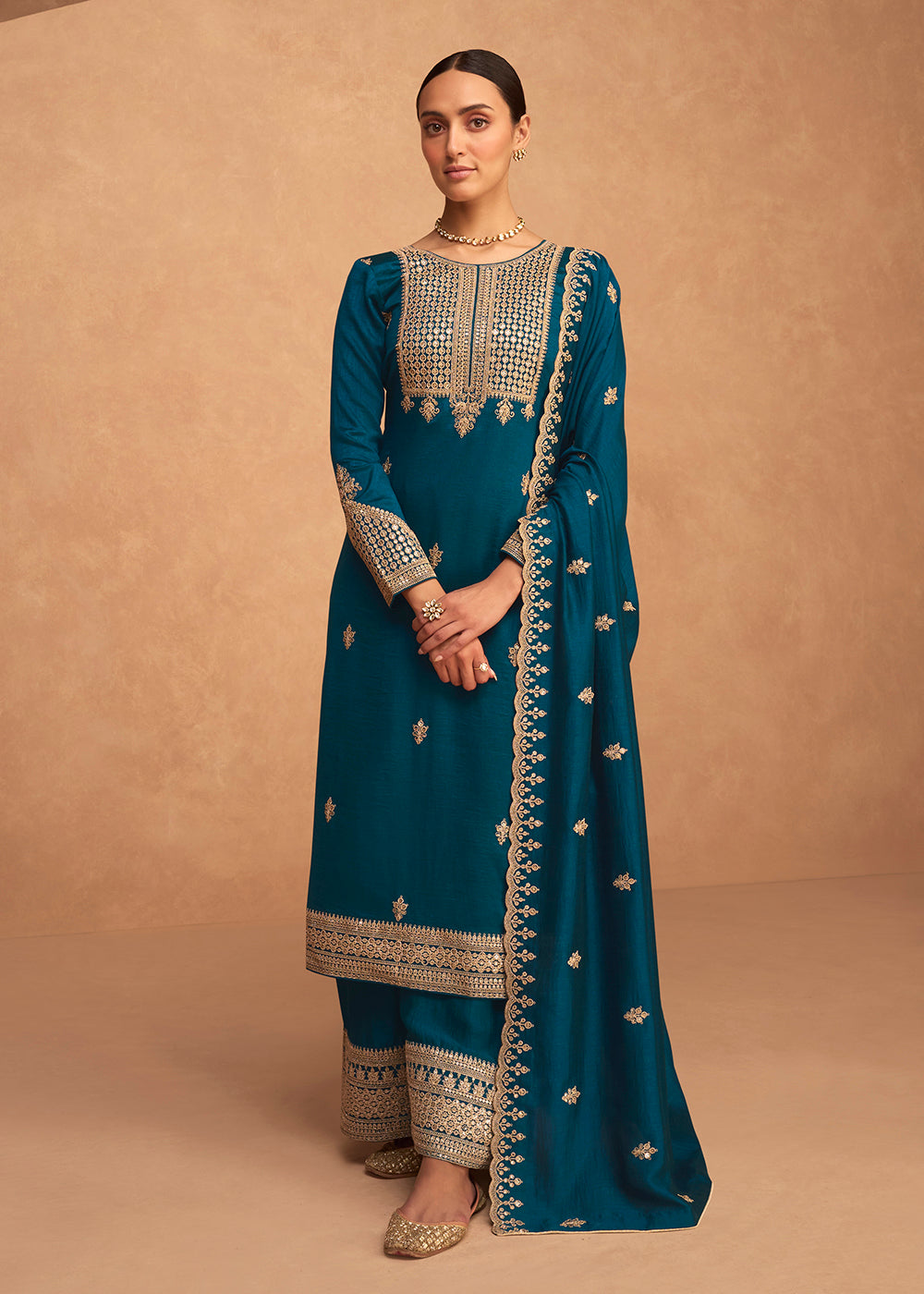 Buy Now Pretty Teal Blue Premium Silk Embroidered Indian Palazzo Salwar Suit Online in USA, UK, Canada, Germany & Worldwide at Empress Clothing.