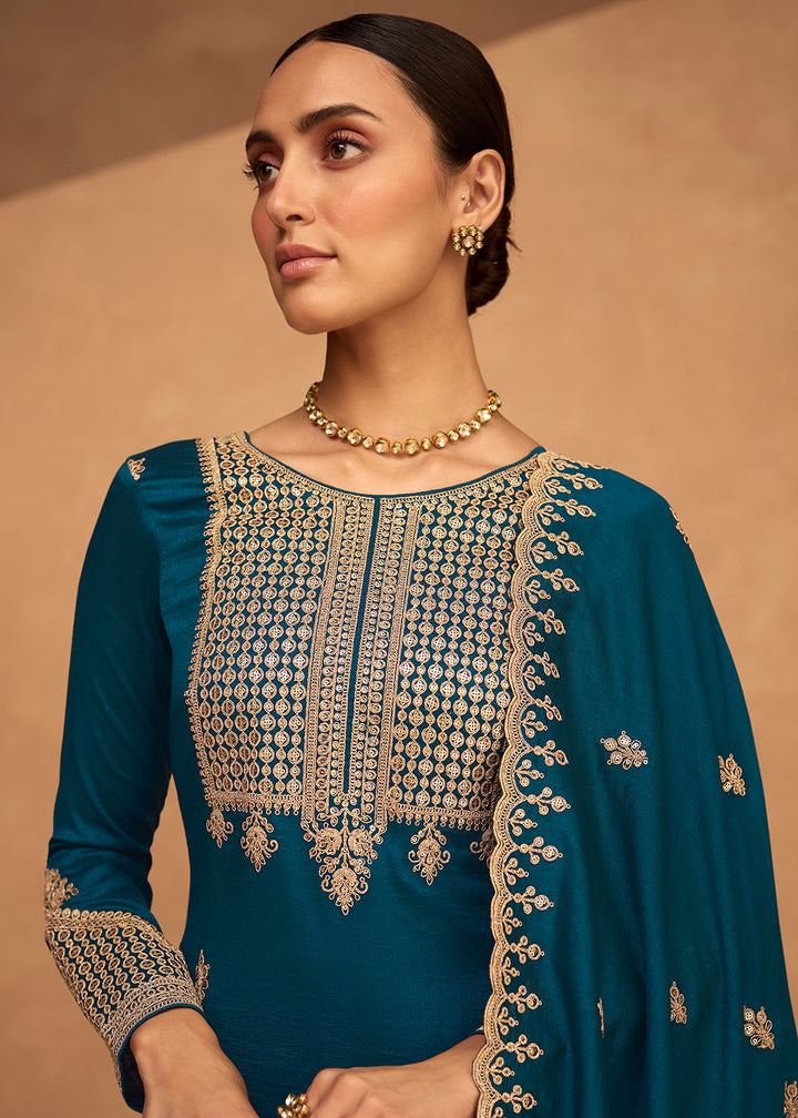 Buy Now Pretty Teal Blue Premium Silk Embroidered Indian Palazzo Salwar Suit Online in USA, UK, Canada, Germany & Worldwide at Empress Clothing.