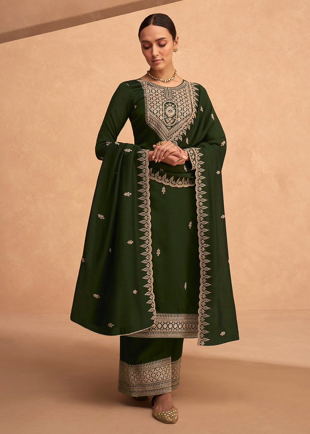 Buy Now Pretty Green Premium Silk Embroidered Indian Palazzo Salwar Suit Online in USA, UK, Canada, Germany & Worldwide at Empress Clothing.