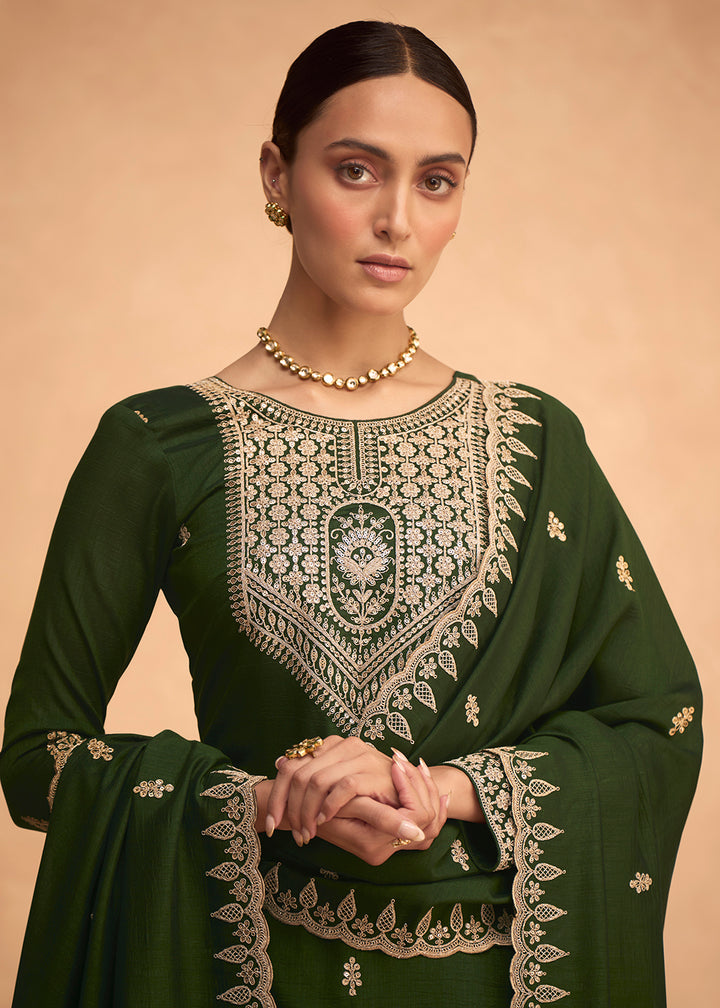 Buy Now Pretty Green Premium Silk Embroidered Indian Palazzo Salwar Suit Online in USA, UK, Canada, Germany & Worldwide at Empress Clothing.