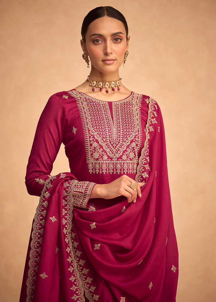 Buy Now Pretty Hot Pink Premium Silk Embroidered Indian Palazzo Salwar Suit Online in USA, UK, Canada, Germany & Worldwide at Empress Clothing.