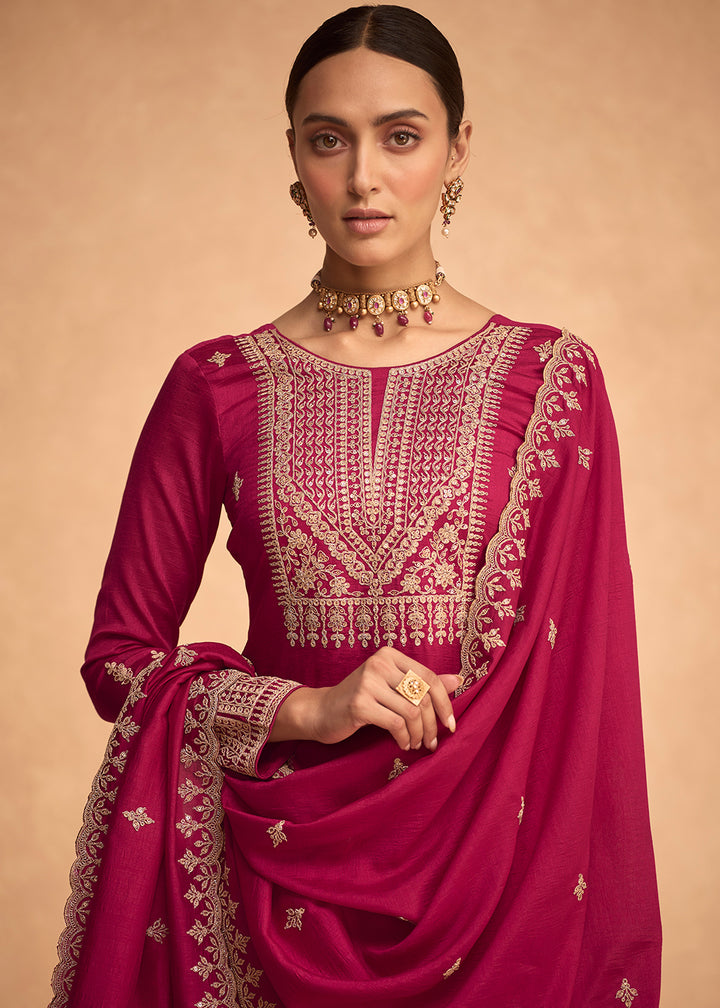Buy Now Pretty Hot Pink Premium Silk Embroidered Indian Palazzo Salwar Suit Online in USA, UK, Canada, Germany & Worldwide at Empress Clothing.