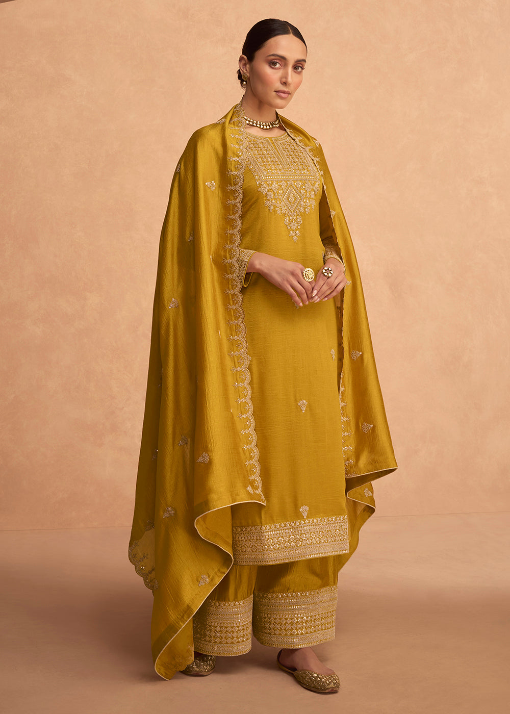 Buy Now Pretty Yellow Premium Silk Embroidered Indian Palazzo Salwar Suit Online in USA, UK, Canada, Germany & Worldwide at Empress Clothing.