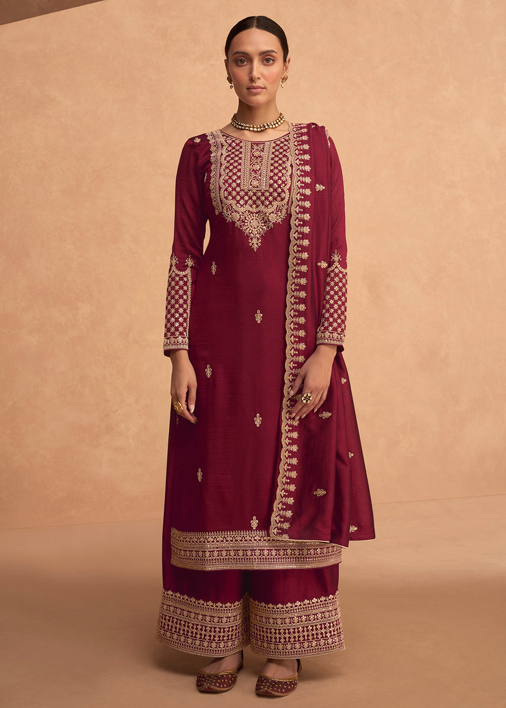 Buy Now Pretty Maroon Premium Silk Embroidered Indian Palazzo Salwar Suit Online in USA, UK, Canada, Germany & Worldwide at Empress Clothing.
