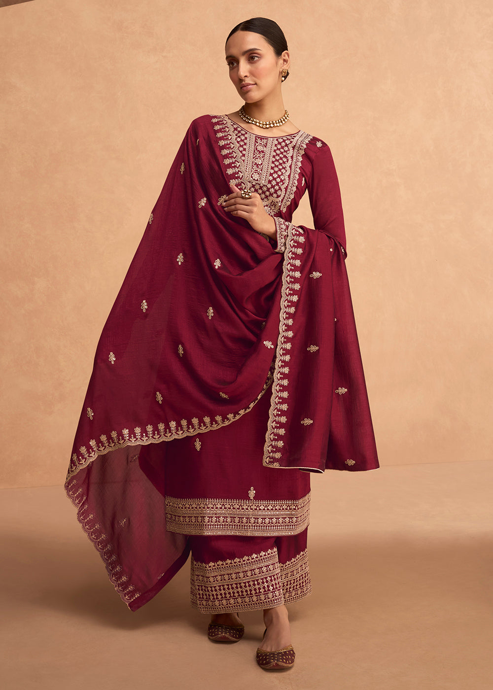 Buy Now Pretty Maroon Premium Silk Embroidered Indian Palazzo Salwar Suit Online in USA, UK, Canada, Germany & Worldwide at Empress Clothing.