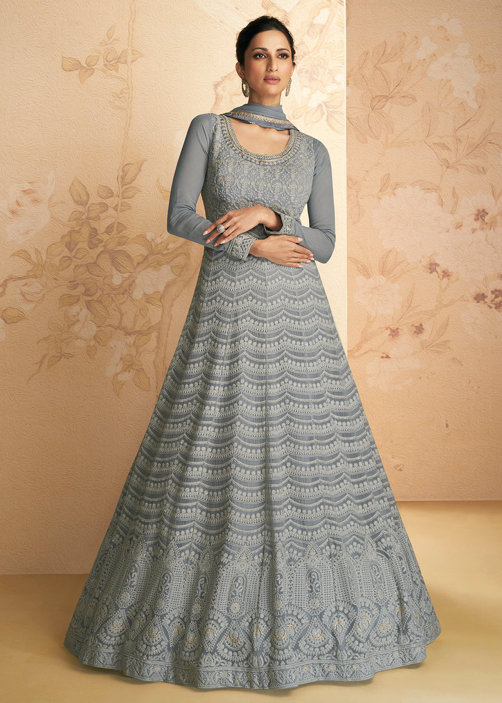 Buy Now Chikankari Style Grey Traditional Work Festive Anarkali Gown Online in USA, UK, Australia, New Zealand, Canada & Worldwide at Empress Clothing. 