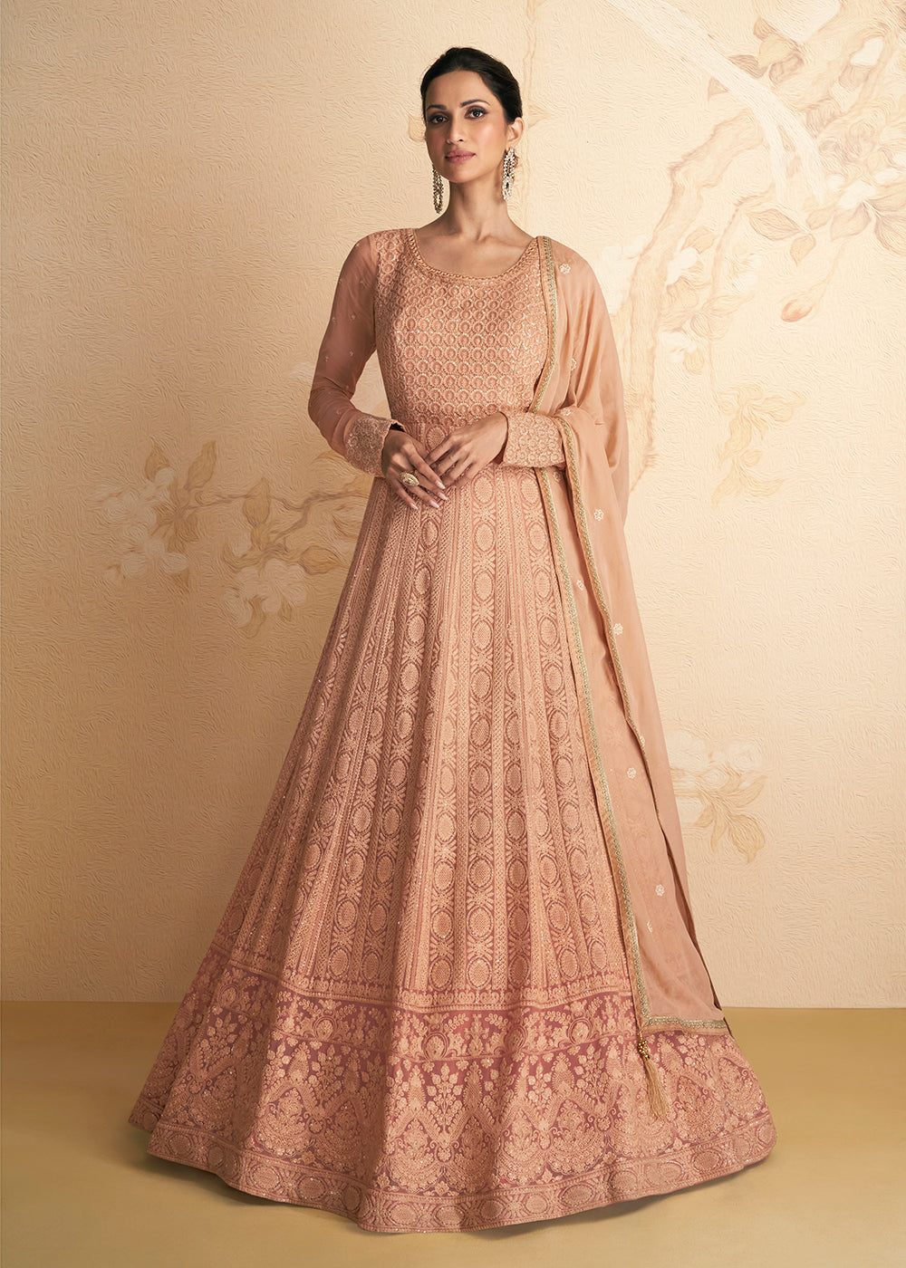 Buy Now Chikankari Style Peach Traditional Work Festive Anarkali Gown Online in USA, UK, Australia, New Zealand, Canada & Worldwide at Empress Clothing. 