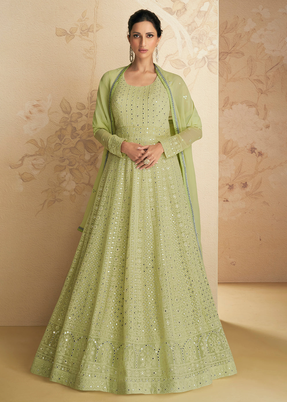 Buy Now Chikankari Style Green Traditional Work Festive Anarkali Gown Online in USA, UK, Australia, New Zealand, Canada & Worldwide at Empress Clothing.