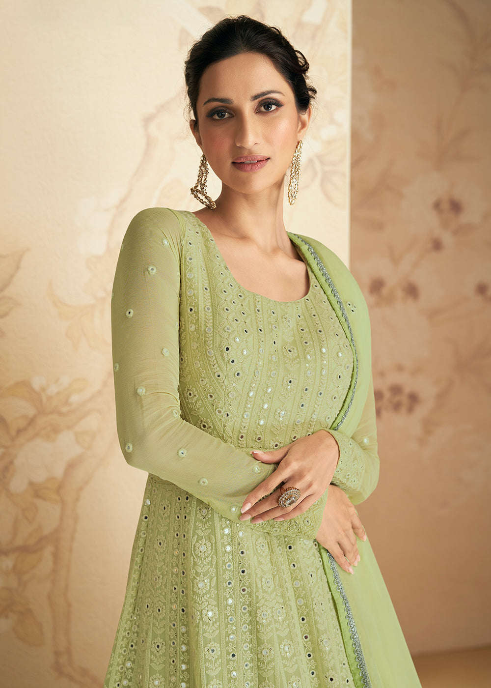 Buy Now Chikankari Style Green Traditional Work Festive Anarkali Gown Online in USA, UK, Australia, New Zealand, Canada & Worldwide at Empress Clothing.