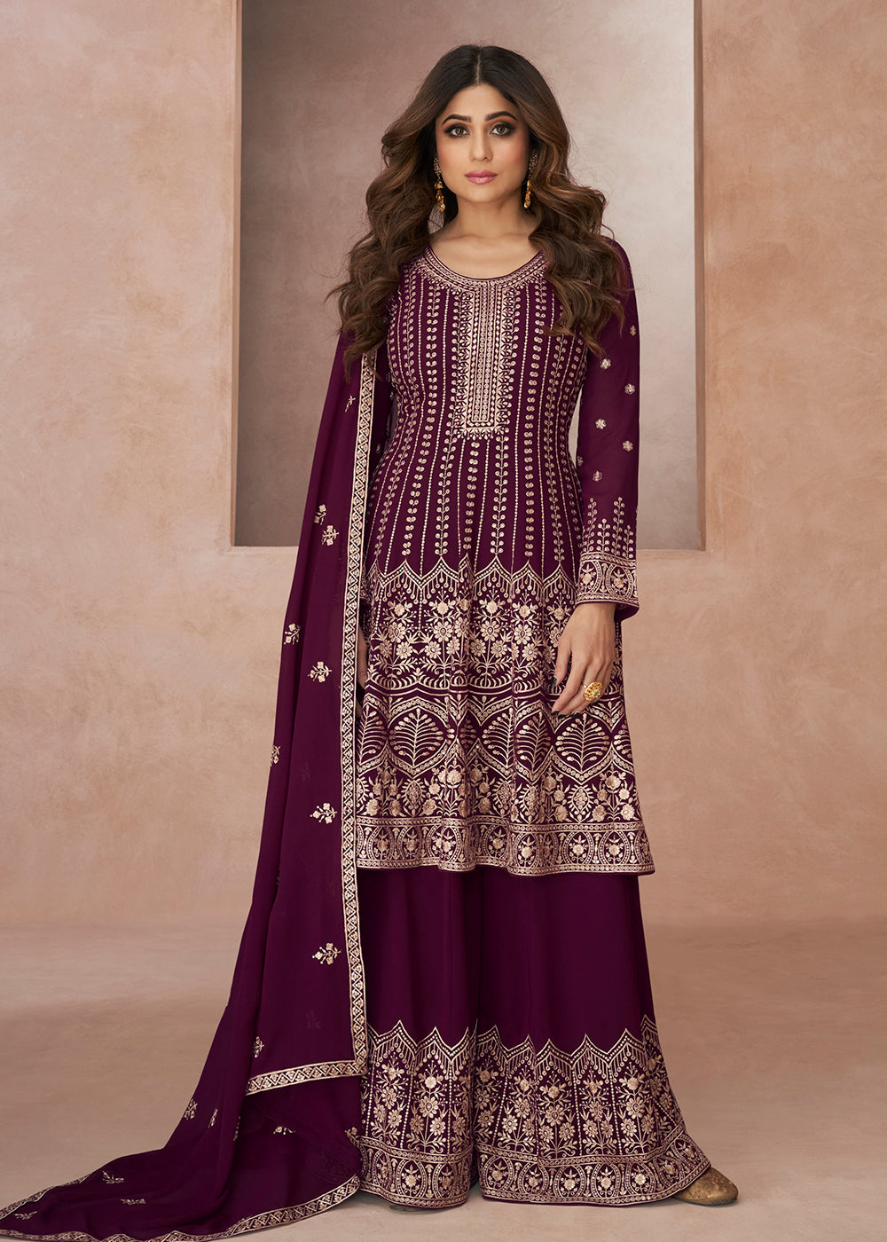 Buy Now Supreme Festive Look Purple Georgette Palazzo Style Suit Online in USA, UK, Canada, Germany, Australia & Worldwide at Empress Clothing.
