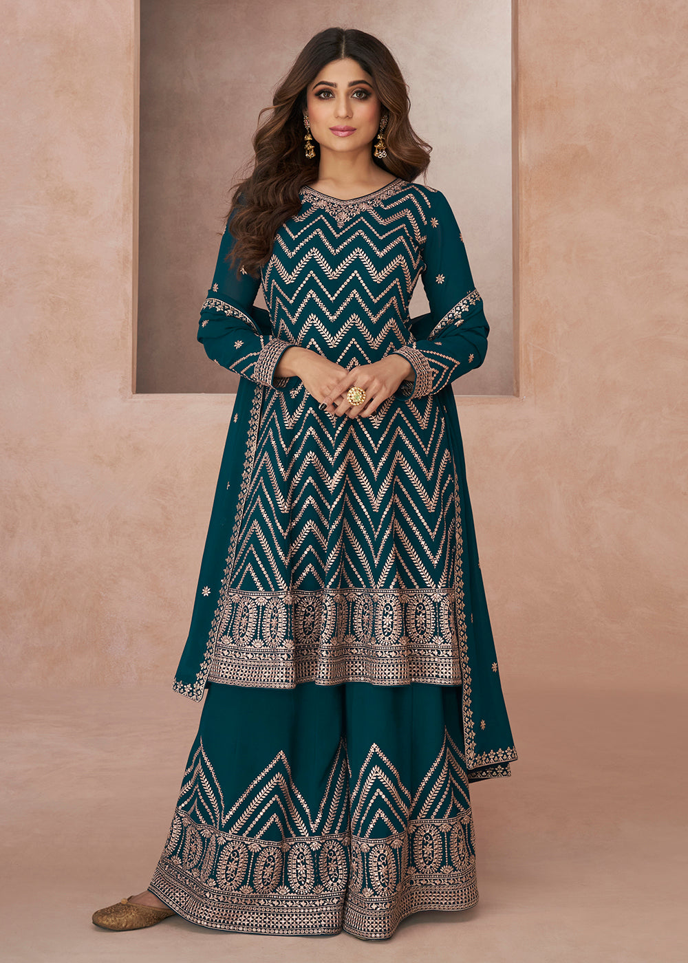 Buy Now Charming Festive Look Teal Georgette Palazzo Style Suit Online in USA, UK, Canada, Germany, Australia & Worldwide at Empress Clothing.