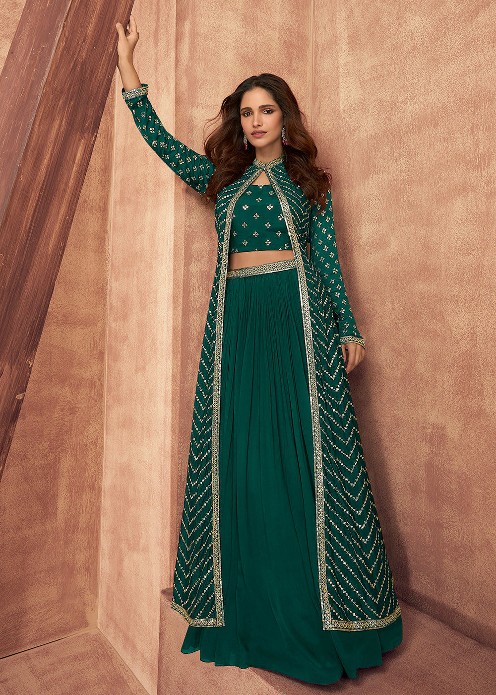 Shop Now Teal Green Dola Silk Party Wear Lehenga Choli with Jacket Online in USA, UK, Canada & Worldwide at Empress Clothing.