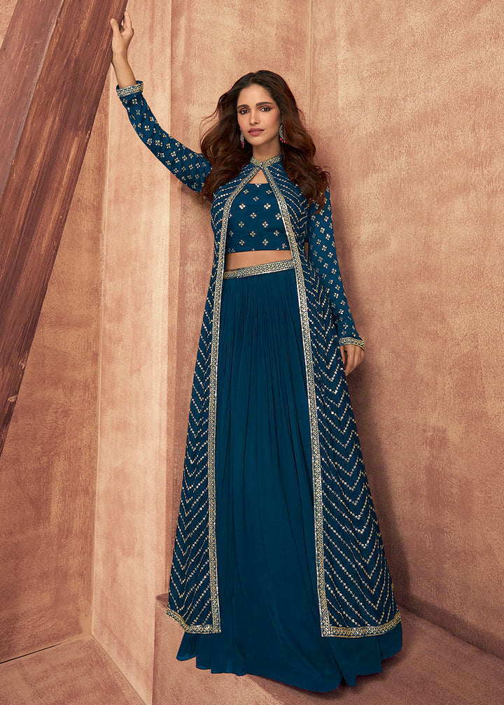 Shop Now Prussian Blue Dola Silk Party Wear Lehenga Choli with Jacket Online in USA, UK, Canada & Worldwide at Empress Clothing.