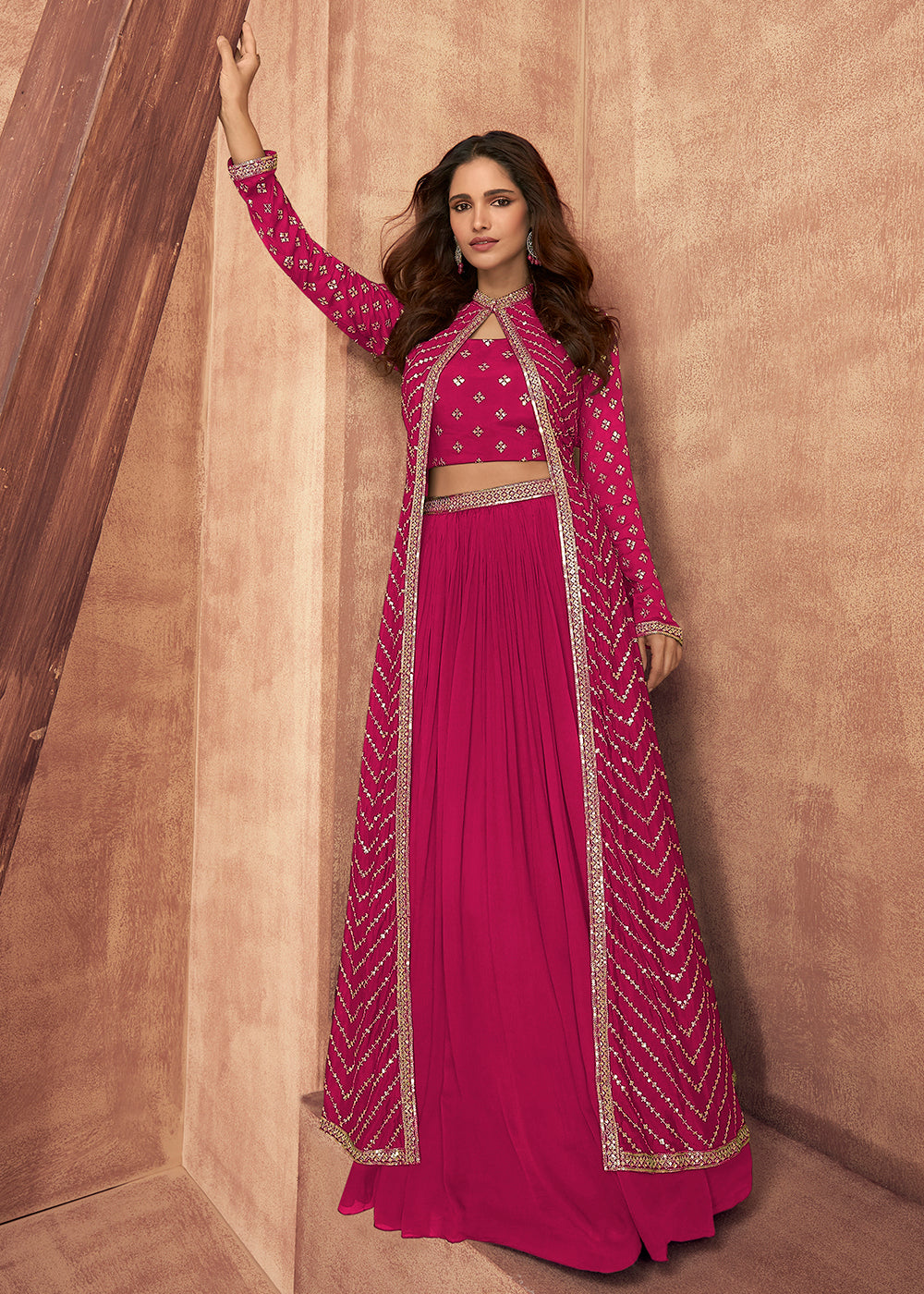 Shop Now Hot Pink Dola Silk Party Wear Lehenga Choli with Jacket Online in USA, UK, Canada & Worldwide at Empress Clothing.