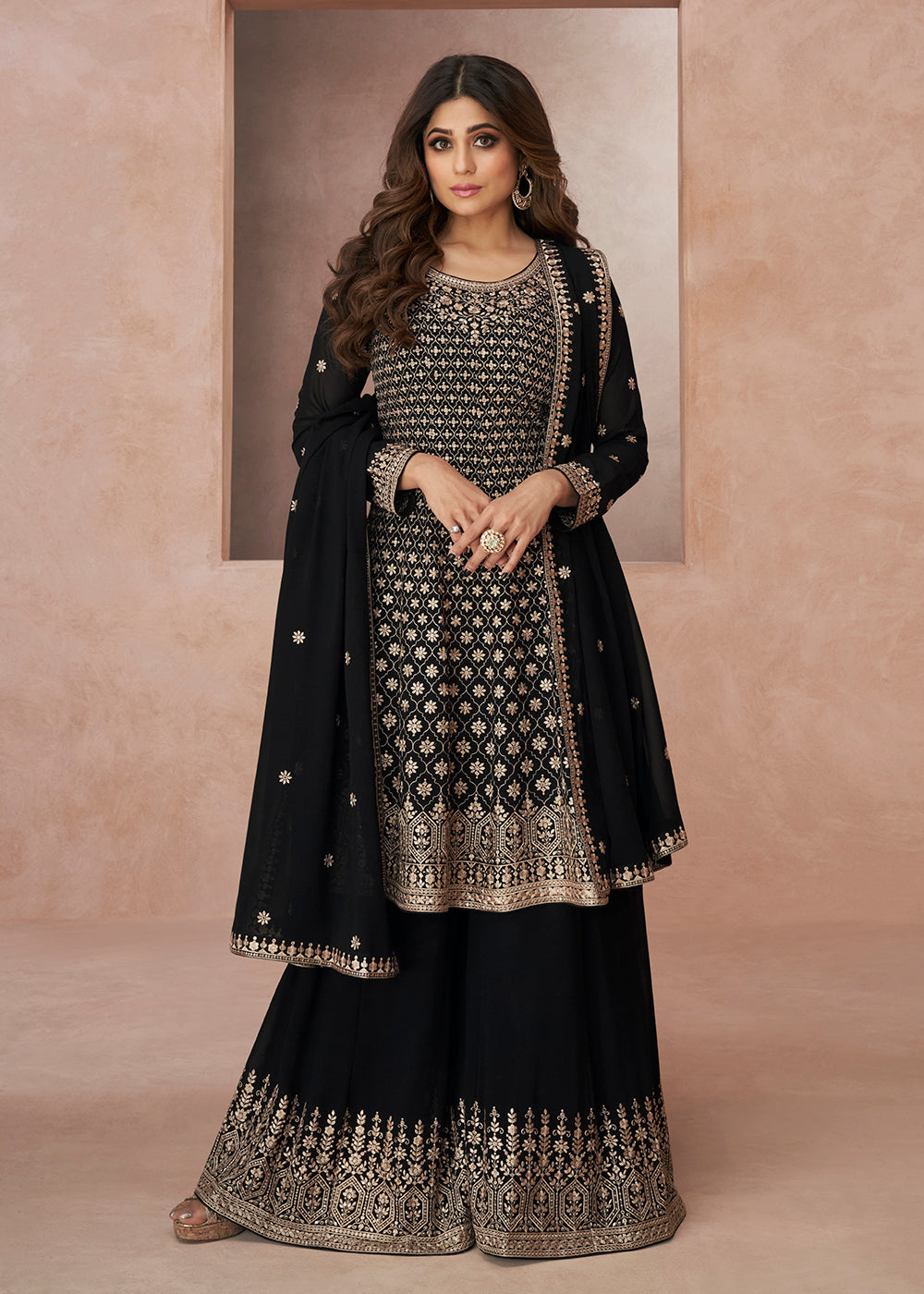 Buy Now Tempting Festive Look Black Georgette Palazzo Style Suit Online in USA, UK, Canada, Germany, Australia & Worldwide at Empress Clothing. 