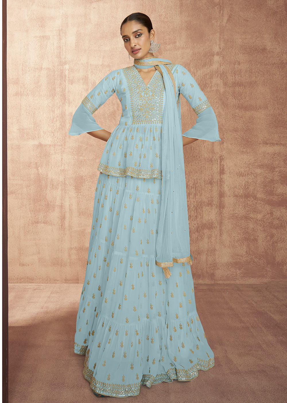 Shop Now Sky Blue Georgette Party Trendy Peplum Lehenga Choli with Jacket Online in USA, UK, Canada & Worldwide at Empress Clothing.