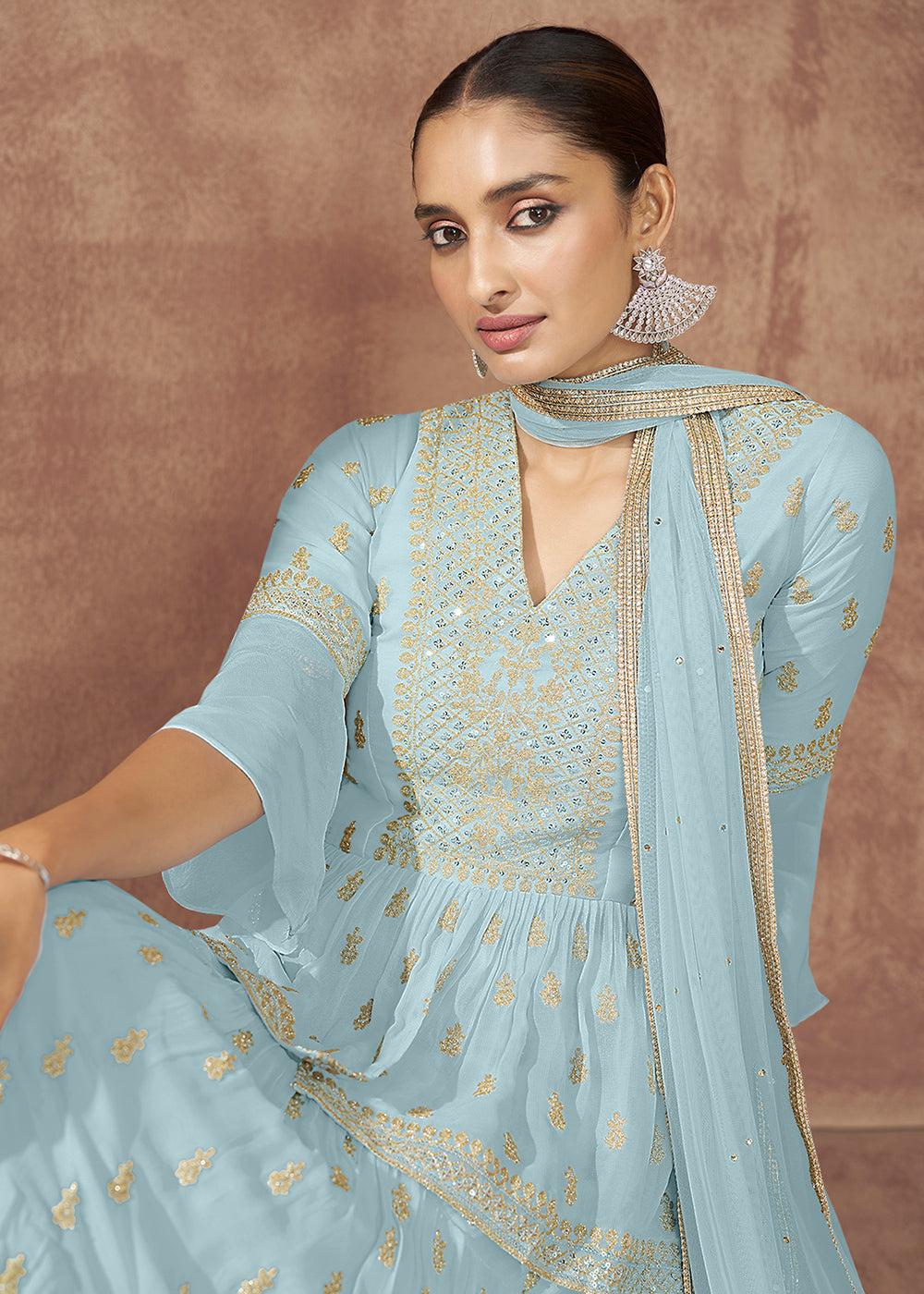 Shop Now Sky Blue Georgette Party Trendy Peplum Lehenga Choli with Jacket Online in USA, UK, Canada & Worldwide at Empress Clothing.