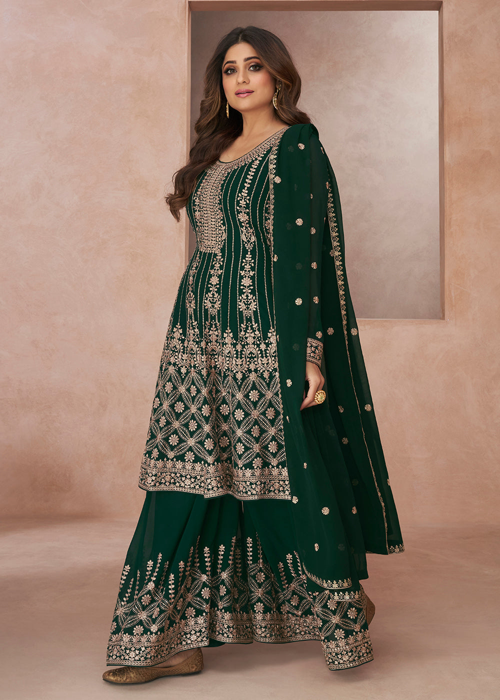 Buy Now Elegant Festive Look Green Georgette Palazzo Style Suit Online in USA, UK, Canada, Germany, Australia & Worldwide at Empress Clothing.
