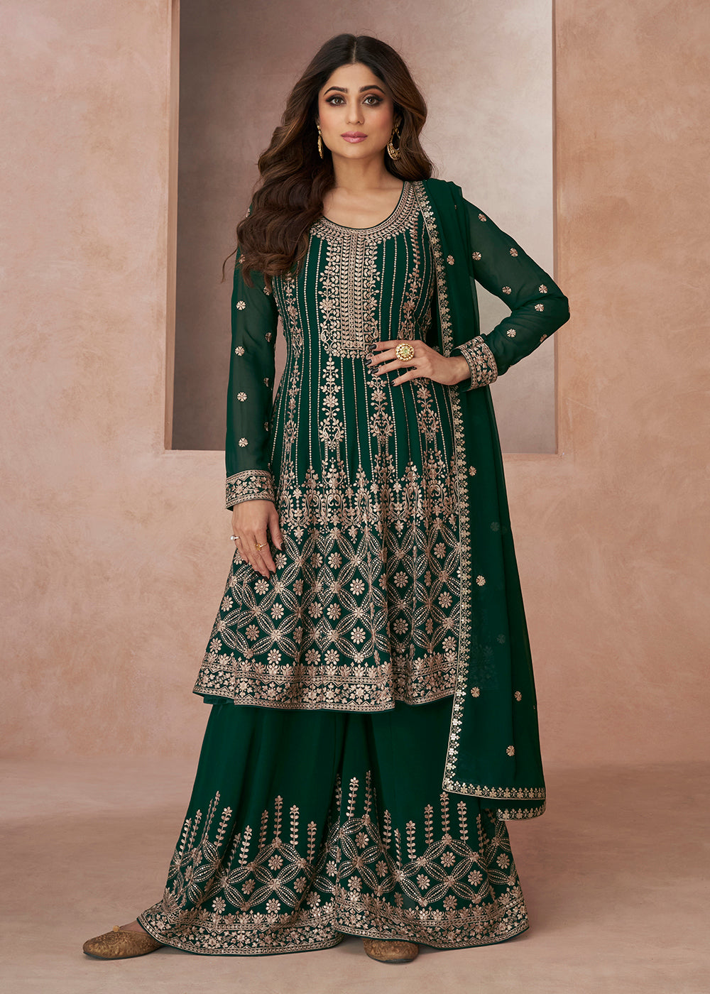 Buy Now Elegant Festive Look Green Georgette Palazzo Style Suit Online in USA, UK, Canada, Germany, Australia & Worldwide at Empress Clothing.