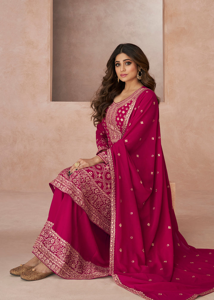 Buy Now Trendy Festive Look Pink Georgette Palazzo Style Suit Online in USA, UK, Canada, Germany, Australia & Worldwide at Empress Clothing. 