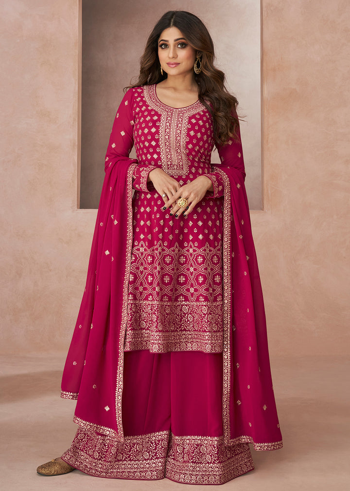 Buy Now Trendy Festive Look Pink Georgette Palazzo Style Suit Online in USA, UK, Canada, Germany, Australia & Worldwide at Empress Clothing. 