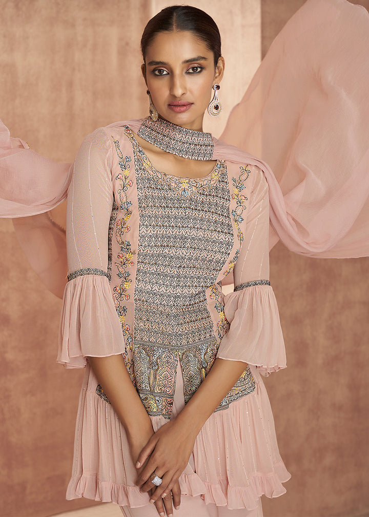 Shop Now Pretty Peach Flared Party Georgette Gharara Suit Online at Empress Clothing in USA, UK, Canada & Worldwide. 
