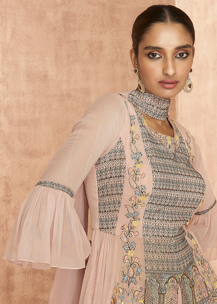 Shop Now Pretty Peach Flared Party Georgette Gharara Suit Online at Empress Clothing in USA, UK, Canada & Worldwide. 