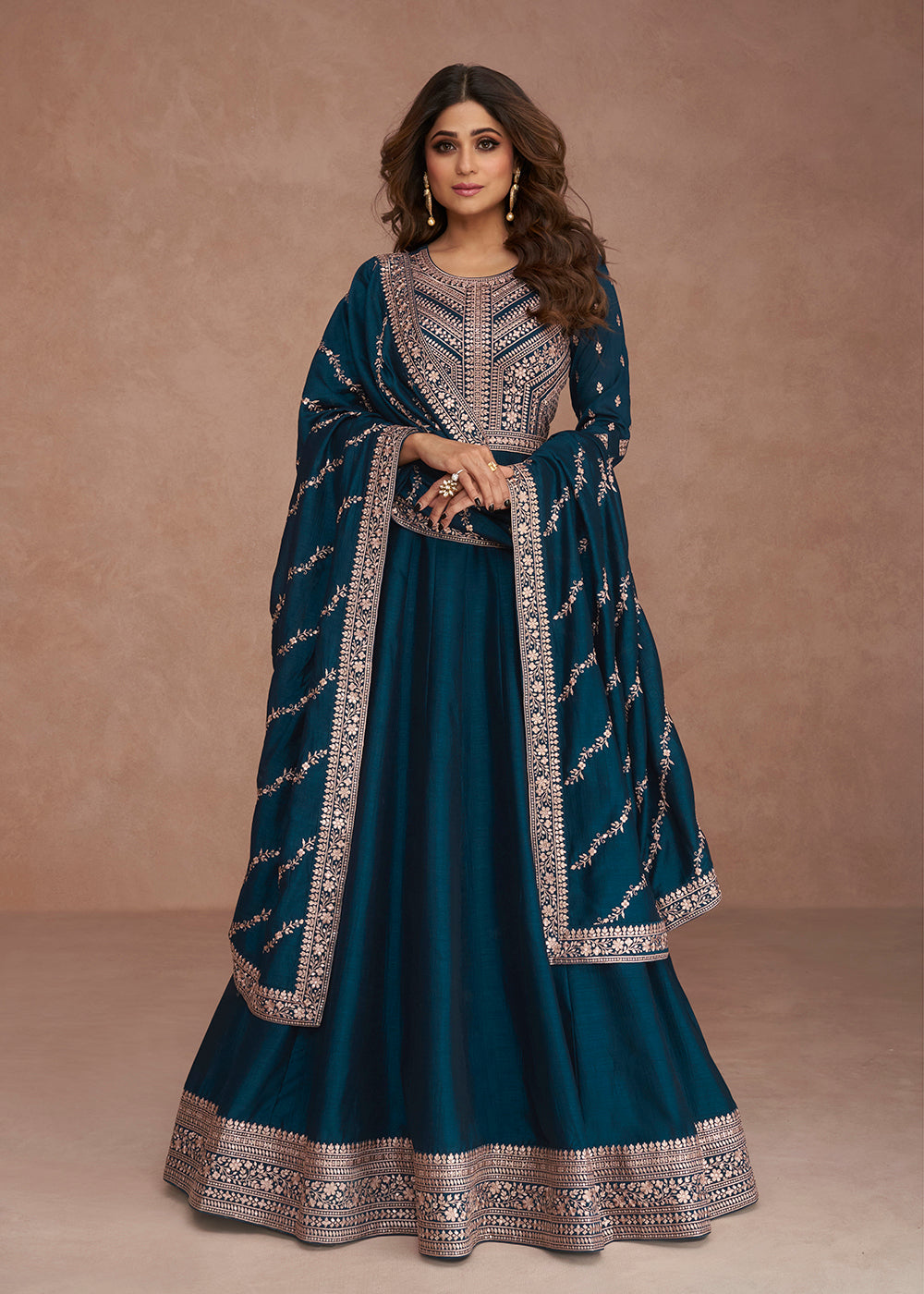 Buy Now Shamita Shetty Festive Blazing Teal Blue Silk Anarkali Suit Online in USA, UK, Australia, New Zealand, Canada, Italy & Worldwide at Empress Clothing.